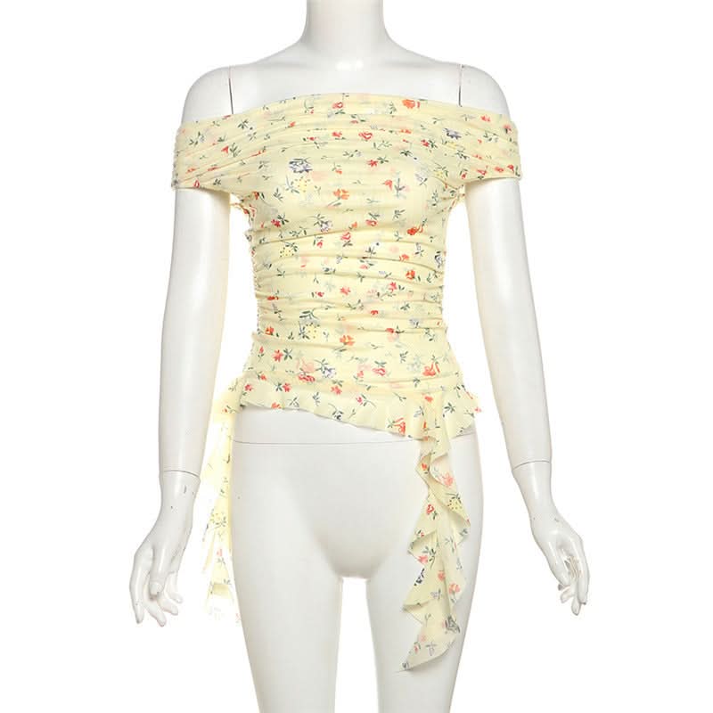 Whimsical Petal Off-Shoulder Ruched Mesh Top | Autumn Bloom Asymmetrical Ruffle
