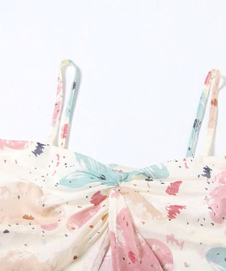 Trendy Watercolor Floral Mesh Two-Piece Set - Chic Ruched Cami & Skirt for Fall