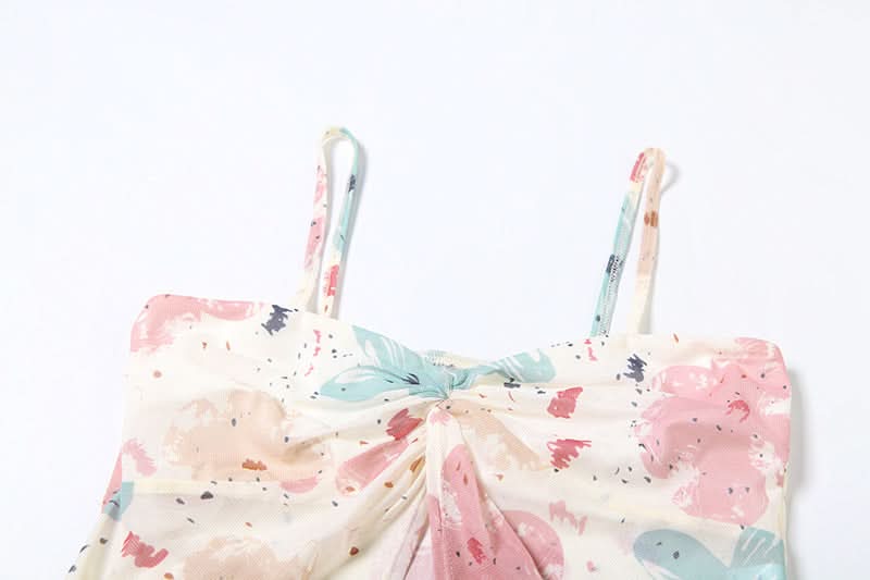 Trendy Watercolor Floral Mesh Two-Piece Set - Chic Ruched Cami & Skirt for Fall