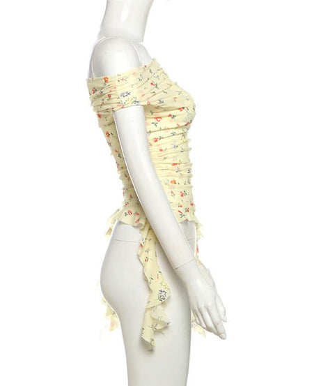 Whimsical Petal Off-Shoulder Ruched Mesh Top | Autumn Bloom Asymmetrical Ruffle