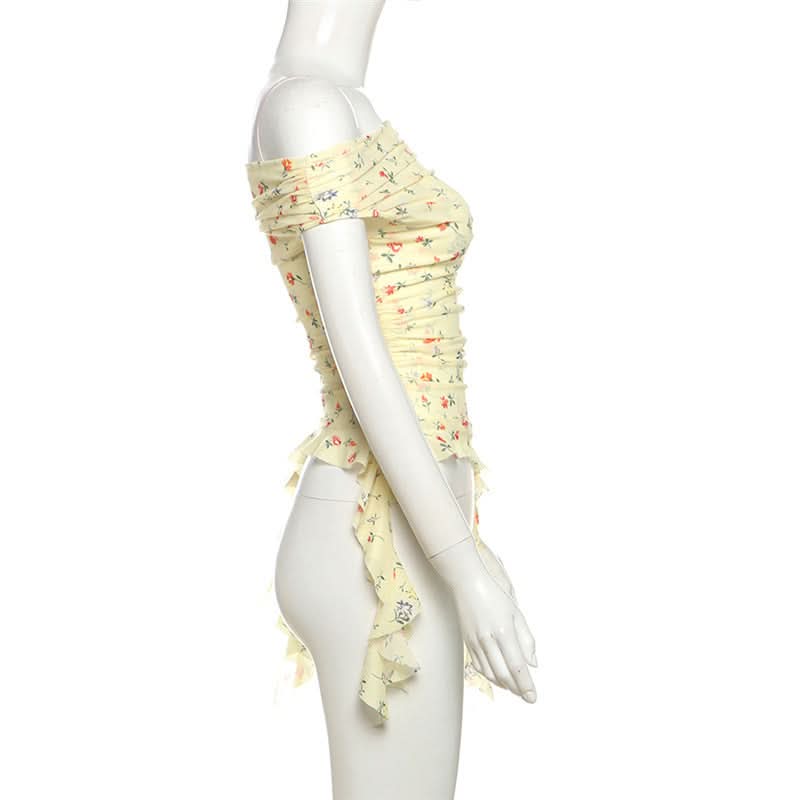 Whimsical Petal Off-Shoulder Ruched Mesh Top | Autumn Bloom Asymmetrical Ruffle