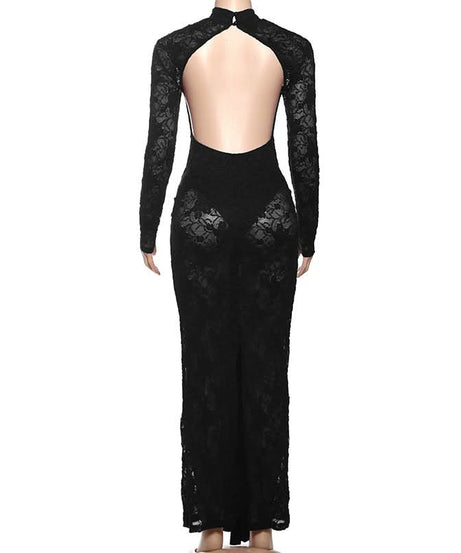 Show-Stopping Black Lace Backless Maxi Dress with Knotted Waist - Perfect for Fall & Holiday Glamour