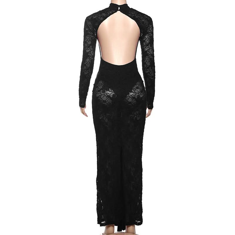 Show-Stopping Black Lace Backless Maxi Dress with Knotted Waist - Perfect for Fall & Holiday Glamour