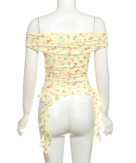 Whimsical Petal Off-Shoulder Ruched Mesh Top | Autumn Bloom Asymmetrical Ruffle