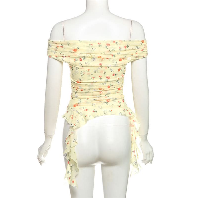 Whimsical Petal Off-Shoulder Ruched Mesh Top | Autumn Bloom Asymmetrical Ruffle