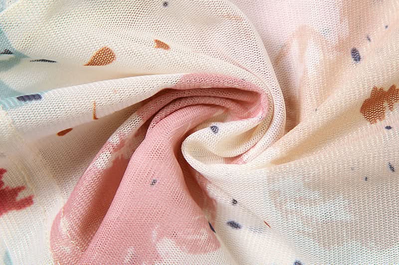 Trendy Watercolor Floral Mesh Two-Piece Set - Chic Ruched Cami & Skirt for Fall