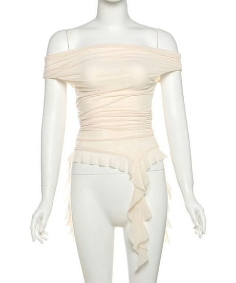 Whimsical Petal Off-Shoulder Ruched Mesh Top | Autumn Bloom Asymmetrical Ruffle