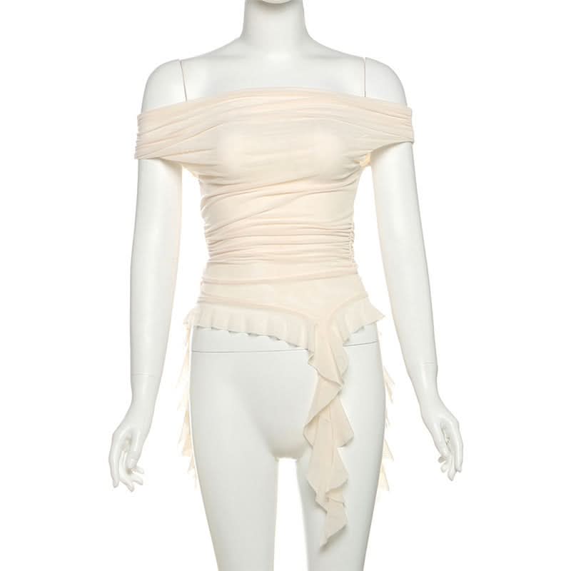 Whimsical Petal Off-Shoulder Ruched Mesh Top | Autumn Bloom Asymmetrical Ruffle