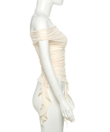 Whimsical Petal Off-Shoulder Ruched Mesh Top | Autumn Bloom Asymmetrical Ruffle