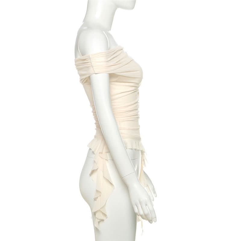Whimsical Petal Off-Shoulder Ruched Mesh Top | Autumn Bloom Asymmetrical Ruffle