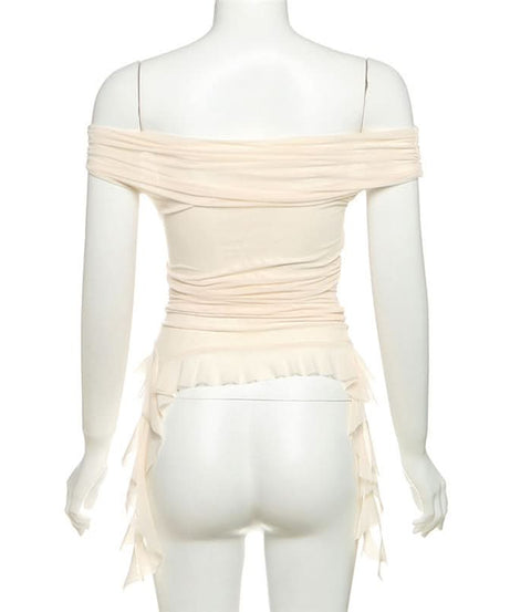 Whimsical Petal Off-Shoulder Ruched Mesh Top | Autumn Bloom Asymmetrical Ruffle