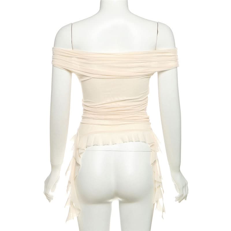 Whimsical Petal Off-Shoulder Ruched Mesh Top | Autumn Bloom Asymmetrical Ruffle