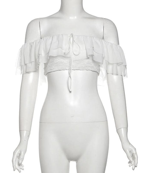 “Golden Hour Glow” Off-Shoulder Ruffle Mesh Crop Top | Women's Chic Fall Getaway & Resort Essential