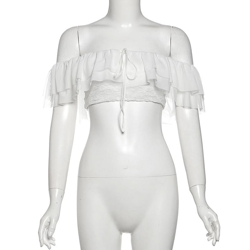 “Golden Hour Glow” Off-Shoulder Ruffle Mesh Crop Top | Women's Chic Fall Getaway & Resort Essential