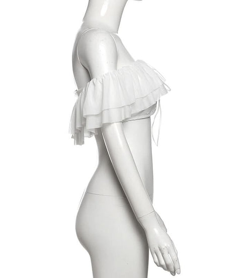 “Golden Hour Glow” Off-Shoulder Ruffle Mesh Crop Top | Women's Chic Fall Getaway & Resort Essential