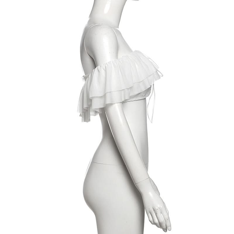 “Golden Hour Glow” Off-Shoulder Ruffle Mesh Crop Top | Women's Chic Fall Getaway & Resort Essential