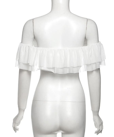 “Golden Hour Glow” Off-Shoulder Ruffle Mesh Crop Top | Women's Chic Fall Getaway & Resort Essential