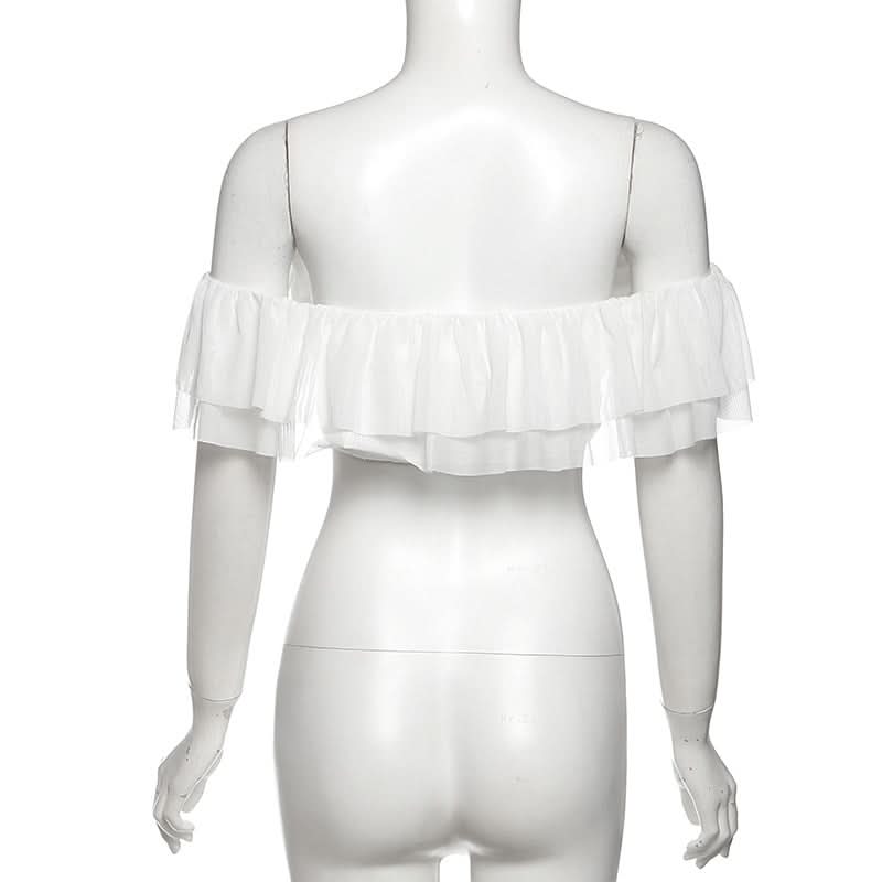 “Golden Hour Glow” Off-Shoulder Ruffle Mesh Crop Top | Women's Chic Fall Getaway & Resort Essential