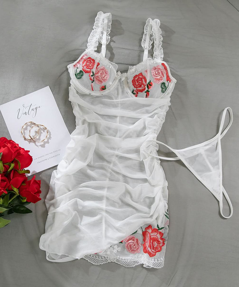 Enchanting Rose Mesh Babydoll – Ruffled Floral Embroidered Lingerie for Fall Nights