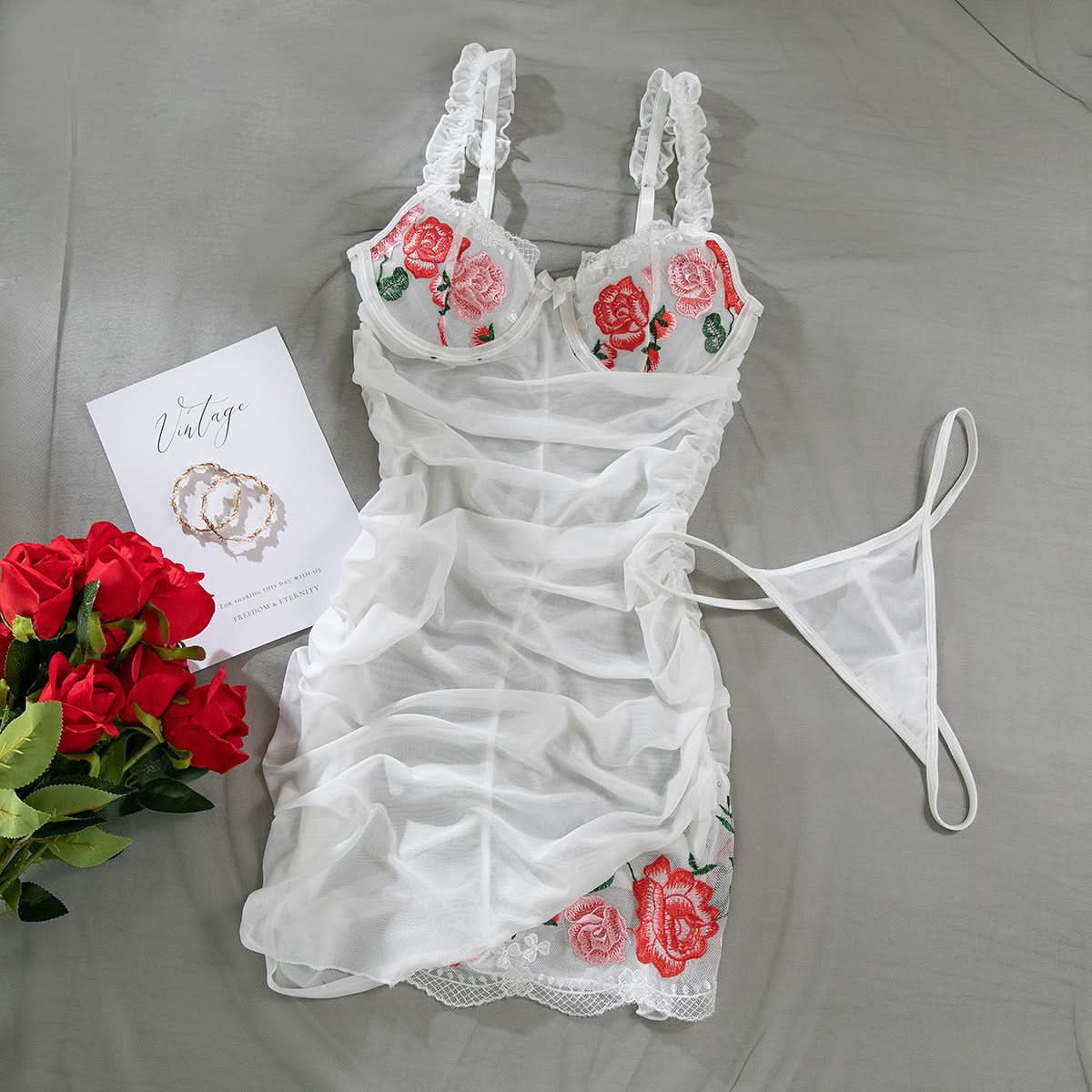 Enchanting Rose Mesh Babydoll – Ruffled Floral Embroidered Lingerie for Fall Nights