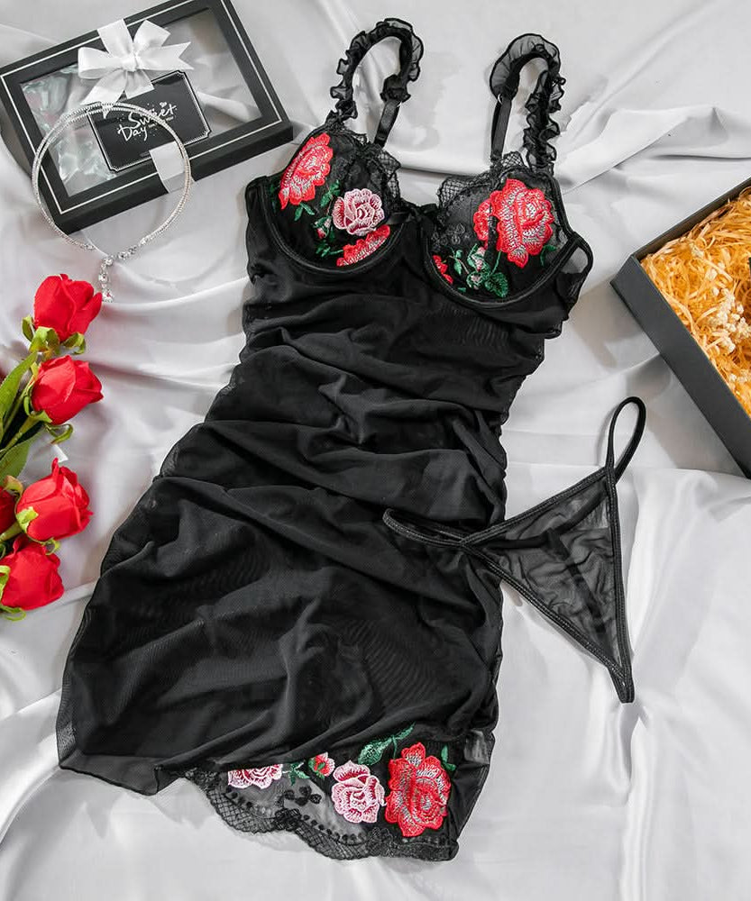 Enchanting Rose Mesh Babydoll – Ruffled Floral Embroidered Lingerie for Fall Nights