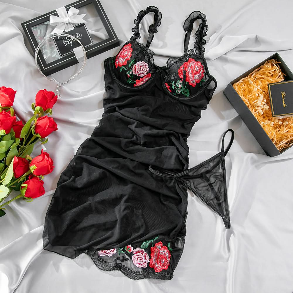 Enchanting Rose Mesh Babydoll – Ruffled Floral Embroidered Lingerie for Fall Nights