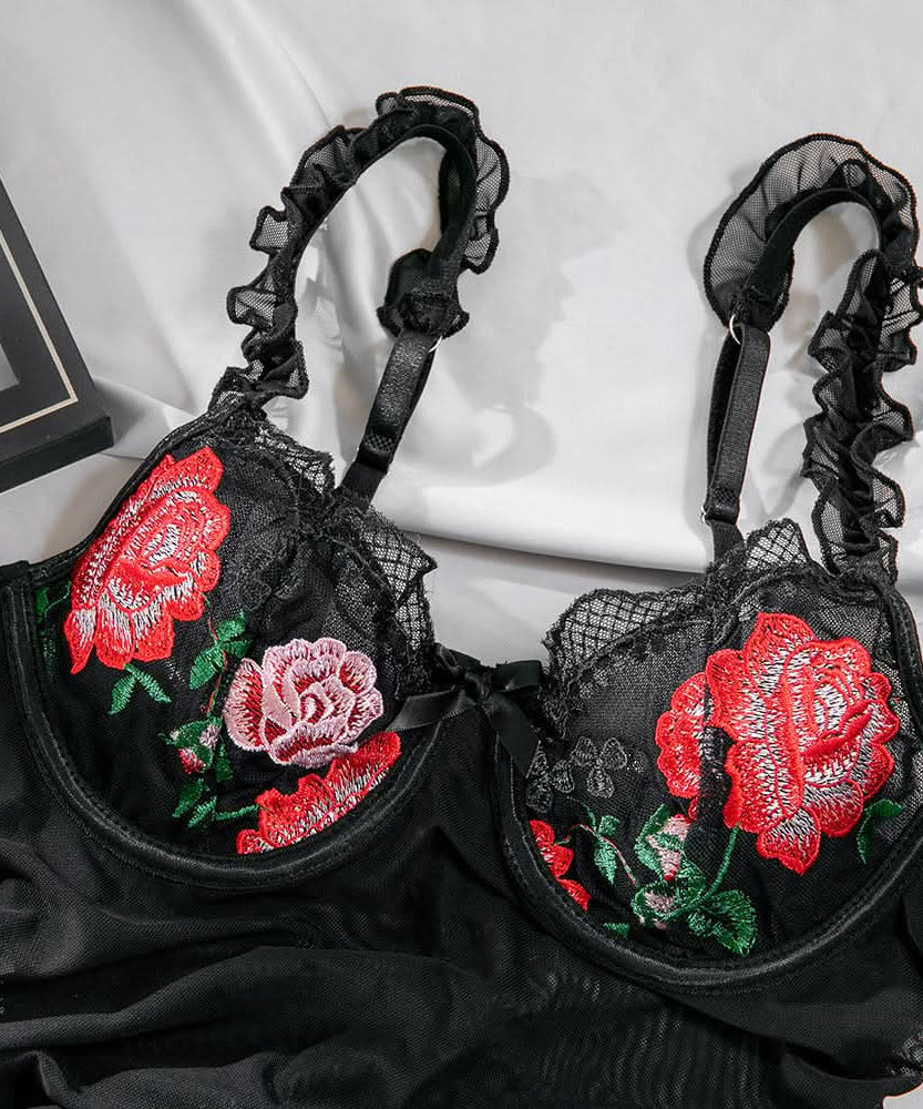 Enchanting Rose Mesh Babydoll – Ruffled Floral Embroidered Lingerie for Fall Nights
