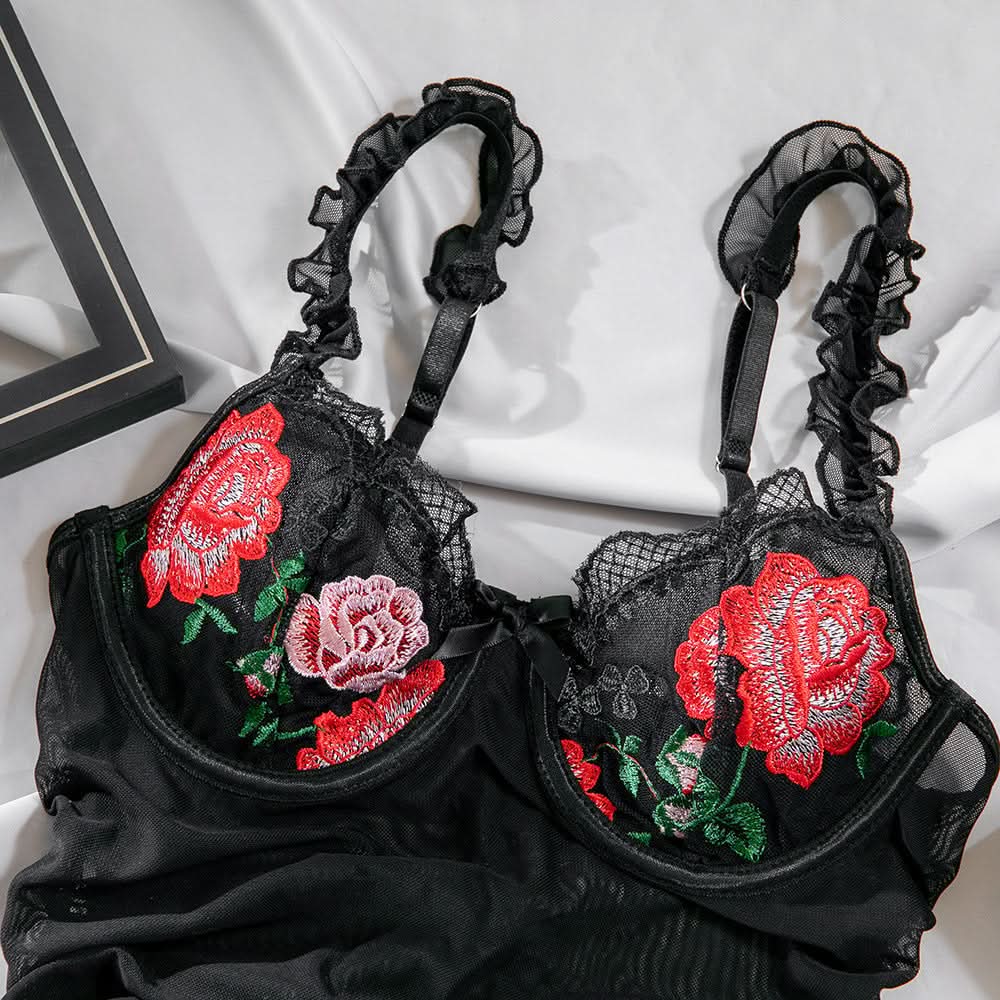 Enchanting Rose Mesh Babydoll – Ruffled Floral Embroidered Lingerie for Fall Nights