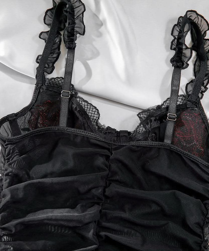 Enchanting Rose Mesh Babydoll – Ruffled Floral Embroidered Lingerie for Fall Nights