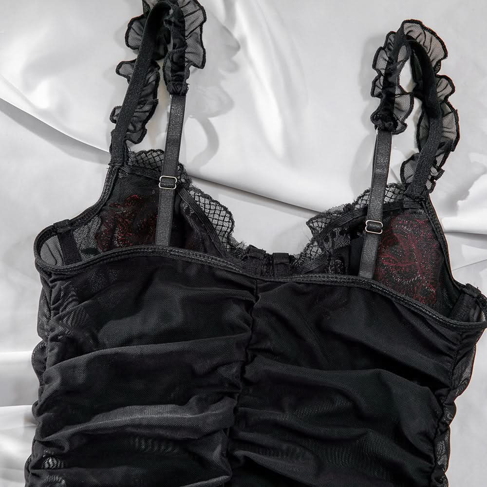 Enchanting Rose Mesh Babydoll – Ruffled Floral Embroidered Lingerie for Fall Nights