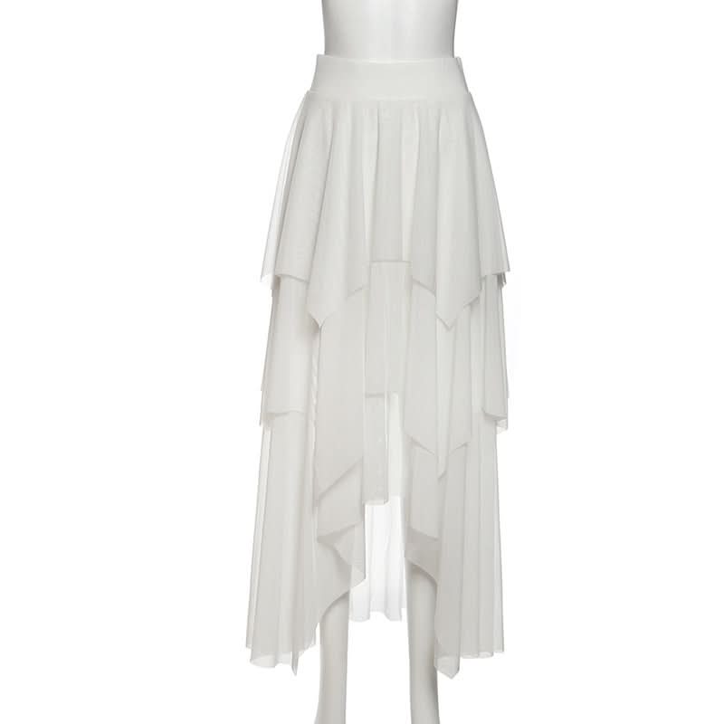 Ethereal Winter White Tiered Maxi Skirt - Chic High-Low Ruffles for Holiday & Resort Glam