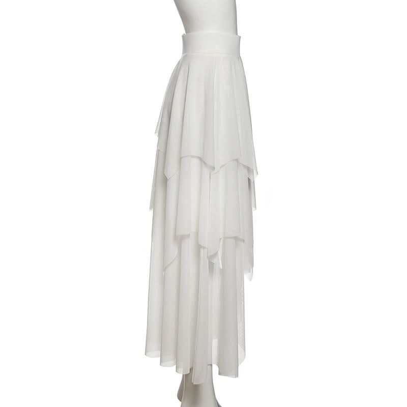 Ethereal Winter White Tiered Maxi Skirt - Chic High-Low Ruffles for Holiday & Resort Glam