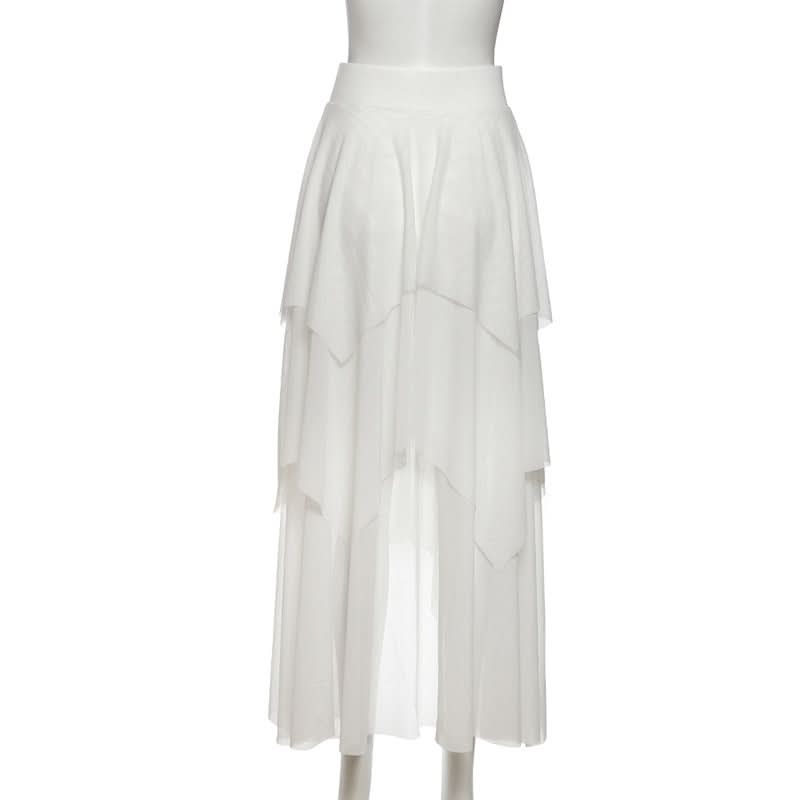 Ethereal Winter White Tiered Maxi Skirt - Chic High-Low Ruffles for Holiday & Resort Glam
