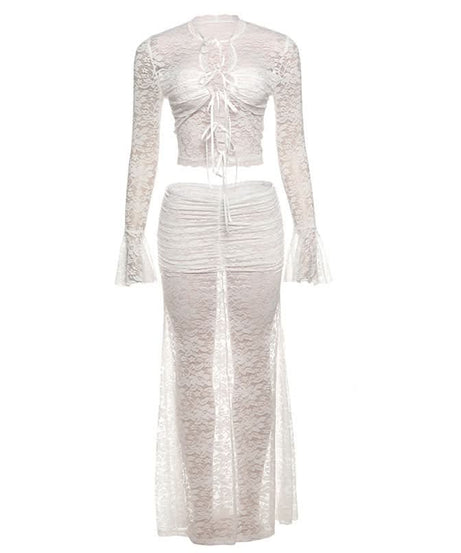 Fall Escape Ready: Dreamy White Lace Maxi Set - Long Sleeve Crop Top & Sheer Skirt