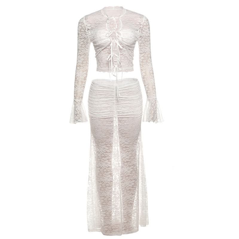 Fall Escape Ready: Dreamy White Lace Maxi Set - Long Sleeve Crop Top & Sheer Skirt