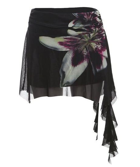 Dark Bloom Asymmetrical Mesh Mini Skirt | Ruched Floral Party Skirt for Fall Nights