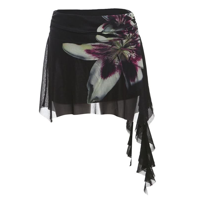 Dark Bloom Asymmetrical Mesh Mini Skirt | Ruched Floral Party Skirt for Fall Nights