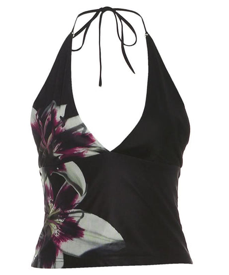 Tropical Bloom Halter Tankini Top - Chic V-Neck for Your Fall Getaway