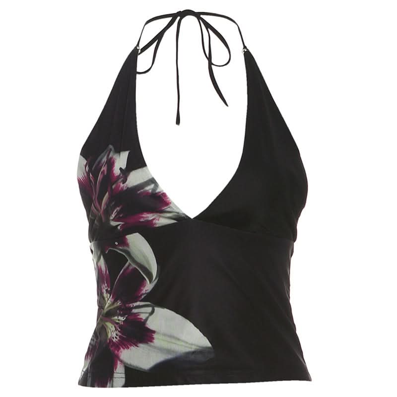 Tropical Bloom Halter Tankini Top - Chic V-Neck for Your Fall Getaway