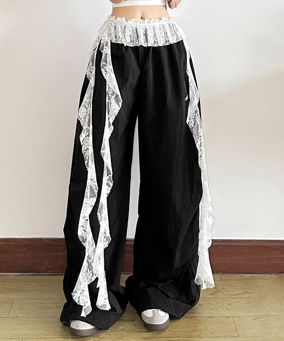Gothic Romance Lace Ruffle Wide-Leg Pants - Dark Academia & Fall Fashion Essential