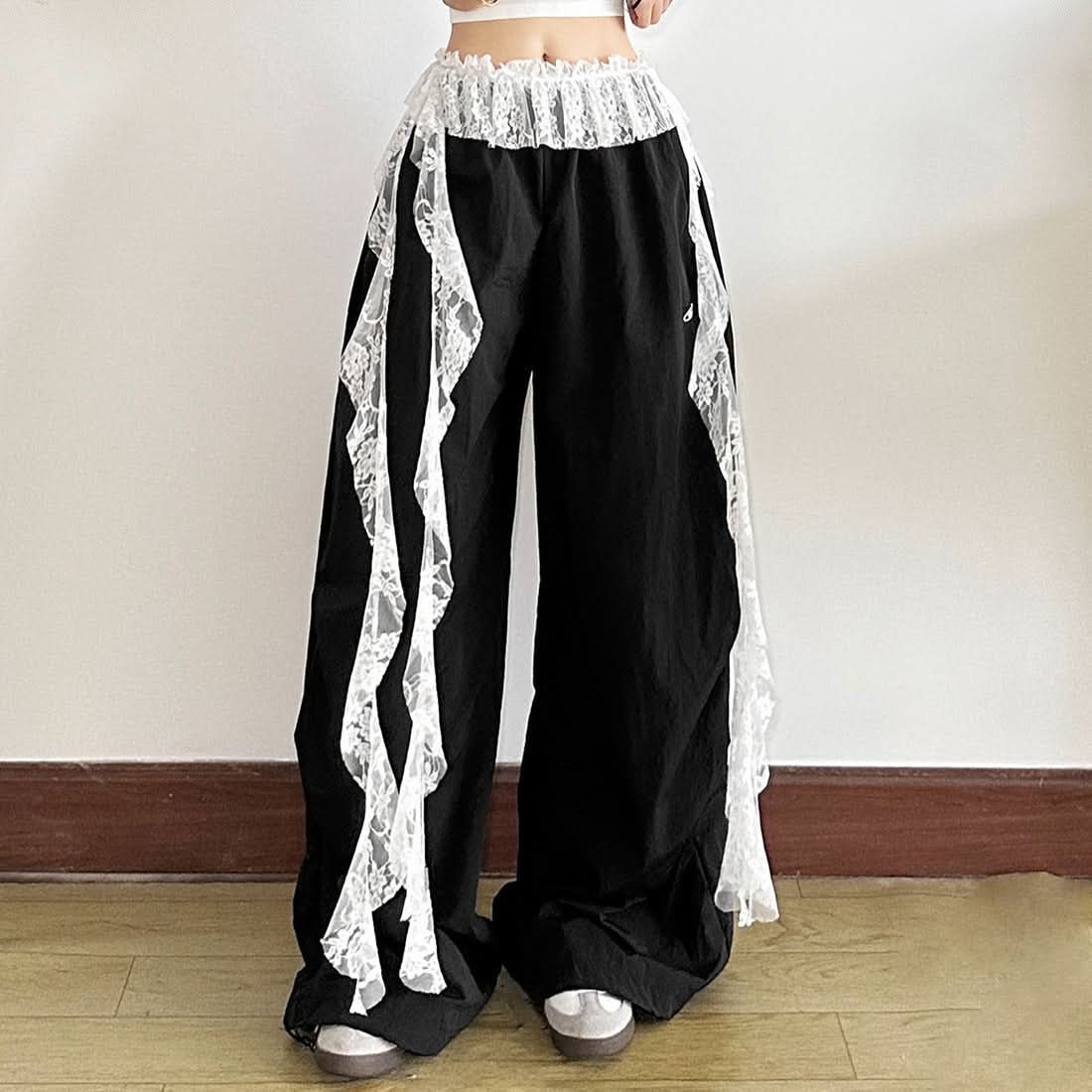 Gothic Romance Lace Ruffle Wide-Leg Pants - Dark Academia & Fall Fashion Essential