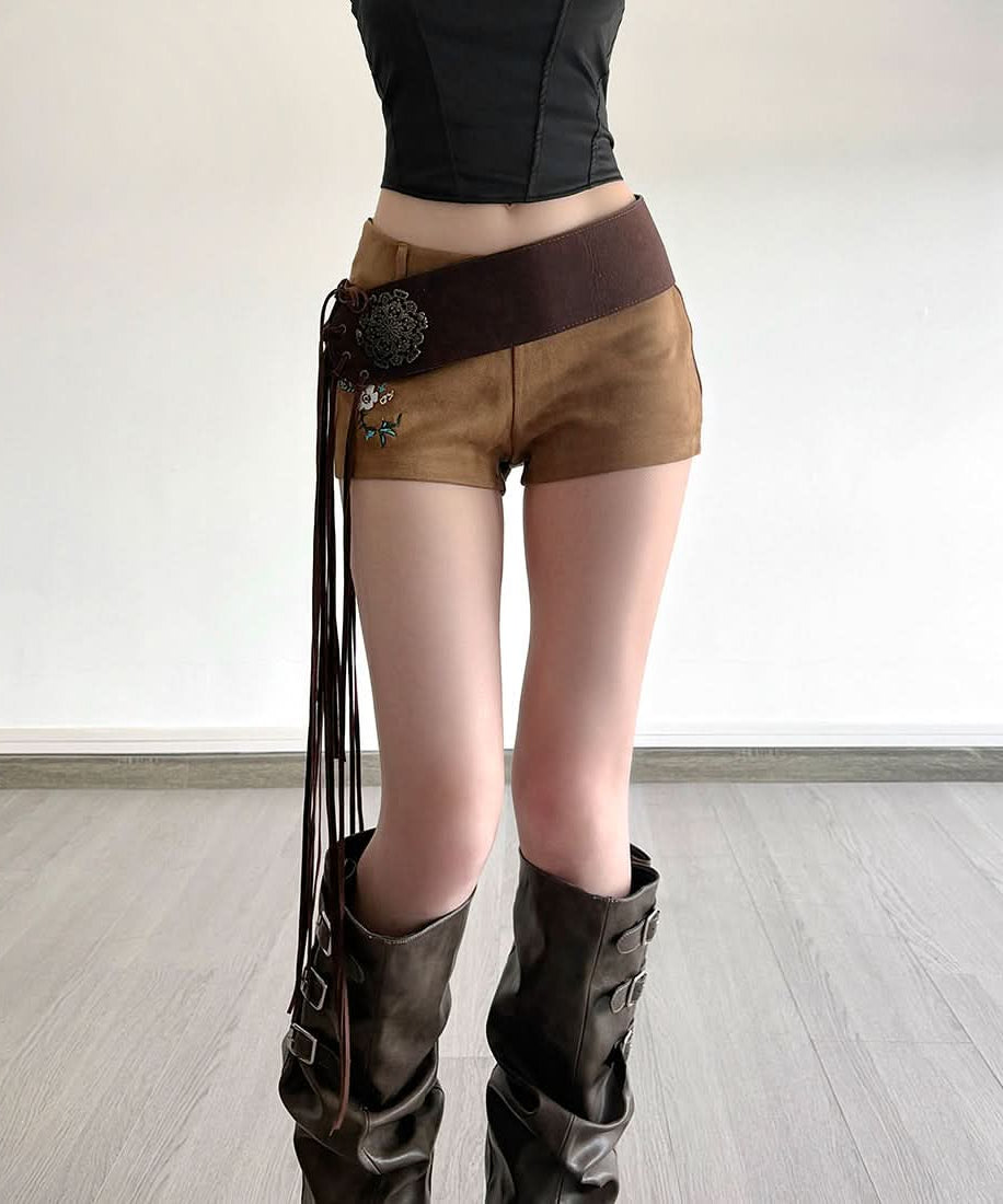 Fall Boho Faux Suede High-Waist Shorts with Statement Fringe Belt & Embroidery