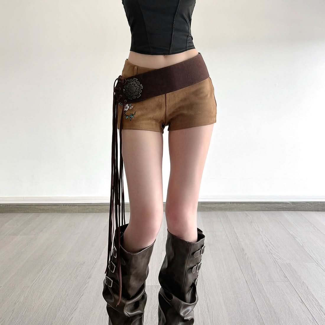 Fall Boho Faux Suede High-Waist Shorts with Statement Fringe Belt & Embroidery