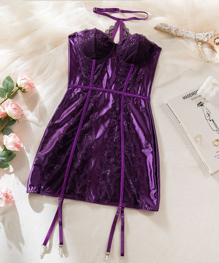 Enchanting Plum Nights Strapless Satin & Lace Babydoll with Garters