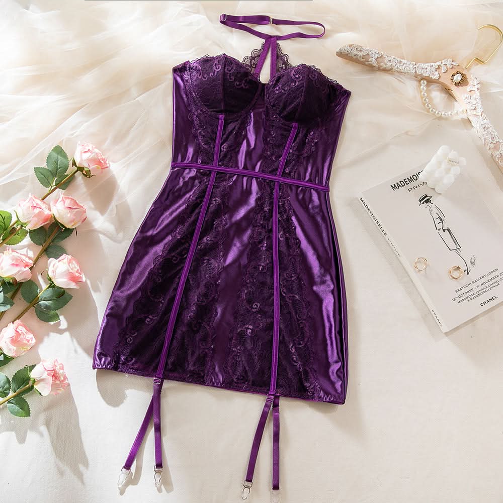 Enchanting Plum Nights Strapless Satin & Lace Babydoll with Garters