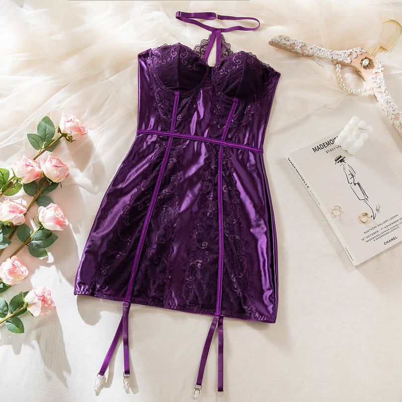 Enchanting Plum Nights Strapless Satin & Lace Babydoll with Garters