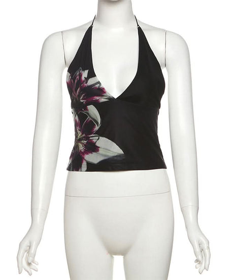 Tropical Bloom Halter Tankini Top - Chic V-Neck for Your Fall Getaway