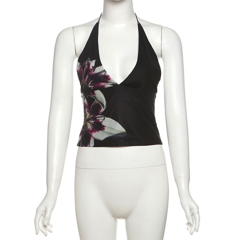 Tropical Bloom Halter Tankini Top - Chic V-Neck for Your Fall Getaway
