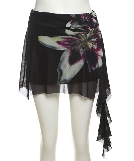 Dark Bloom Asymmetrical Mesh Mini Skirt | Ruched Floral Party Skirt for Fall Nights