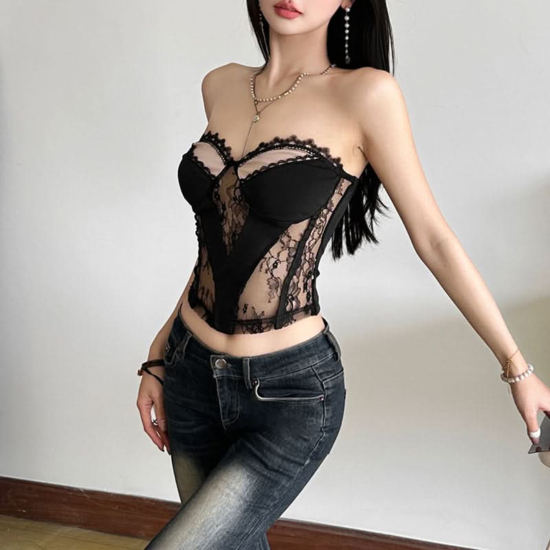 Sultry Black Lace Corset Top | Strapless Sweetheart Bustier for Fall Nights, Halloween & Holiday Parties